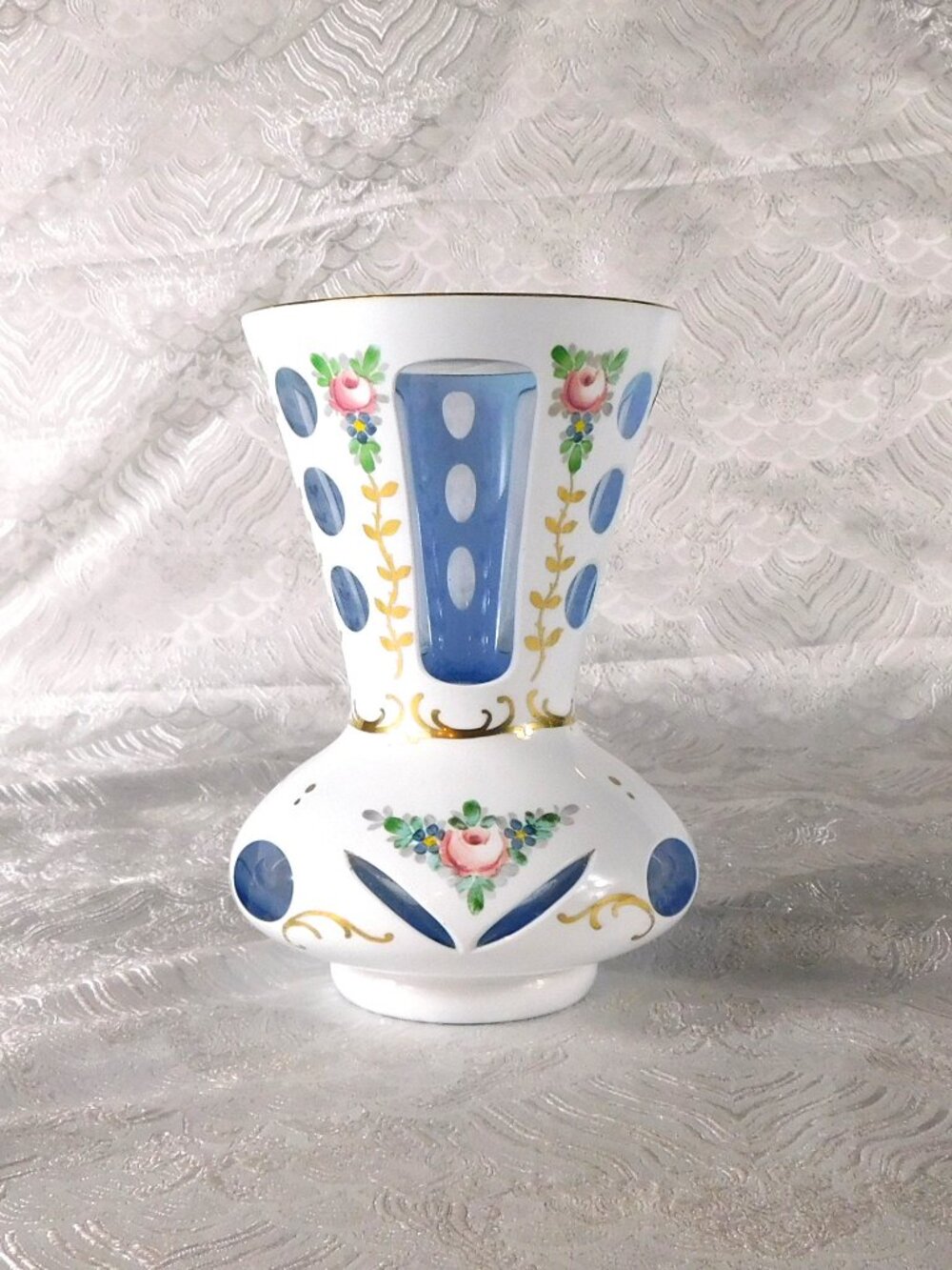 White over Blue Glass Cut to Clear Vase # 27379